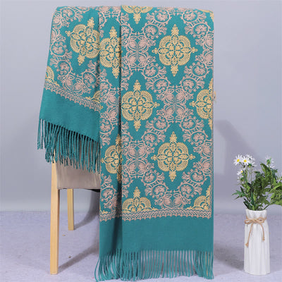 Buddha Stones Polyester Shawl Symmetry Gold Filigree Embroidery Tassel Winter Cozy Travel Scarf Wrap - DarkCyan - 200*70cm - image 0