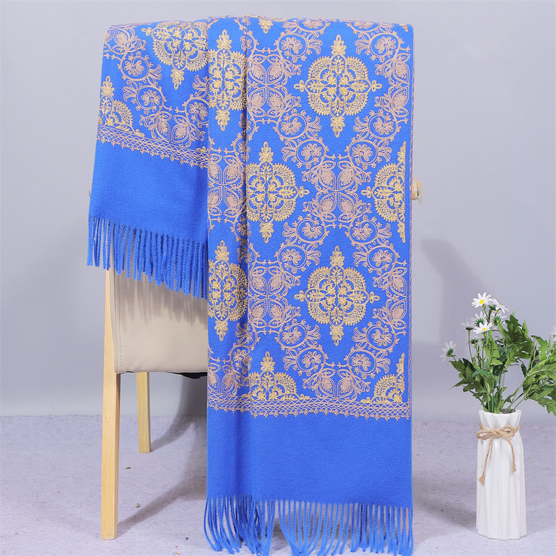 Buddha Stones Polyester Shawl Symmetry Gold Filigree Embroidery Tassel Winter Cozy Travel Scarf Wrap - RoyalBlue - 200*70cm - image 7