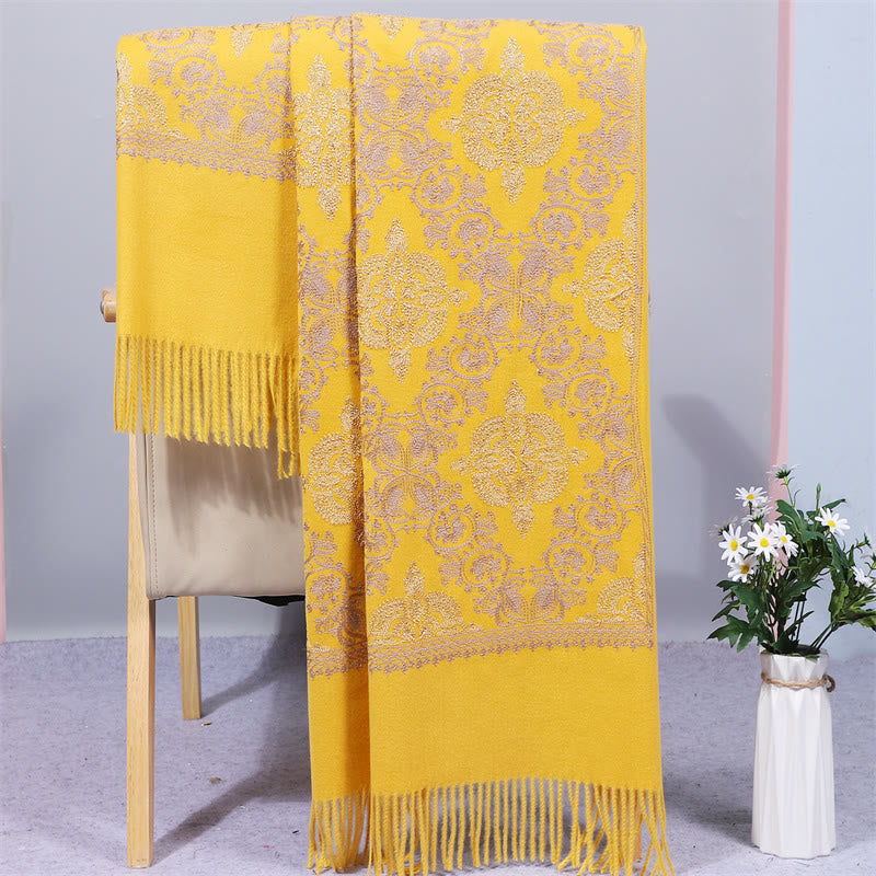 Buddha Stones Polyester Shawl Symmetry Gold Filigree Embroidery Tassel Winter Cozy Travel Scarf Wrap - Gold - 200*70cm - image 5
