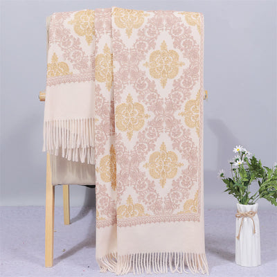 Buddha Stones Polyester Shawl Symmetry Gold Filigree Embroidery Tassel Winter Cozy Travel Scarf Wrap - Linen - 200*70cm - image 2