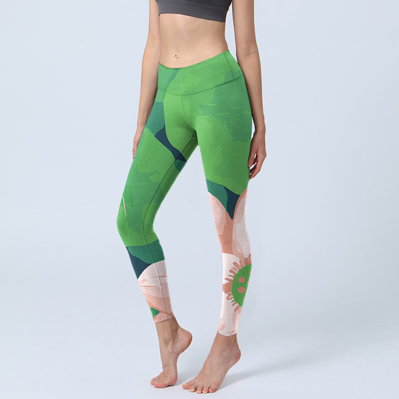 Buddha Stones Green Lotus Flower Leaf Print Sports Fitness Leggings Women's Yoga Pants - LightGreen - US18，UK/AU22，EU50 (4XL) - image 0