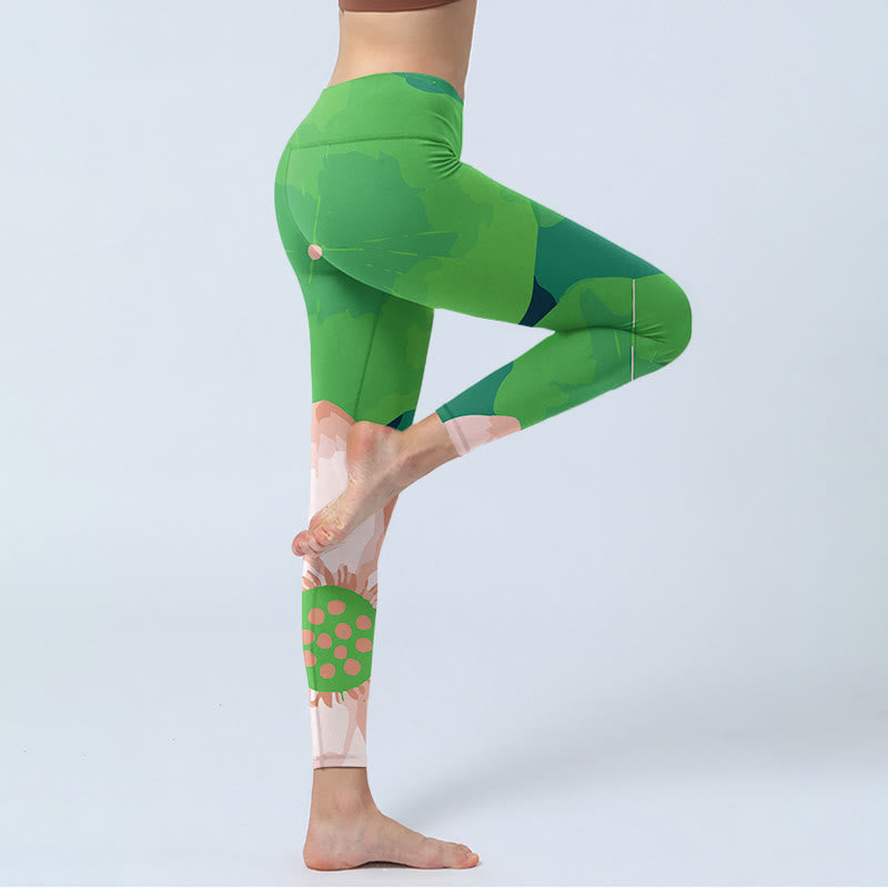 Buddha Stones Green Lotus Flower Leaf Print Sports Fitness Leggings Women's Yoga Pants - image 3