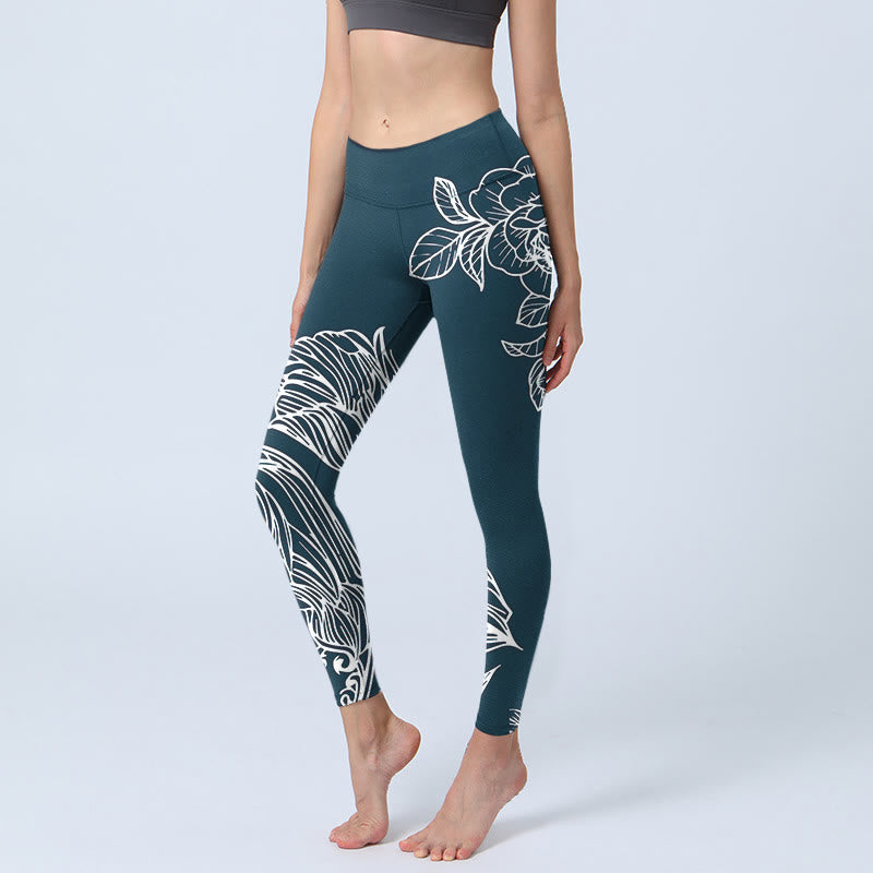 Buddha Stones Peony Epiphyllum Flowers Print Gym Fitness Leggings Women's Yoga Pants - SteelBlue - US18，UK/AU22，EU50 (4XL) - image 1