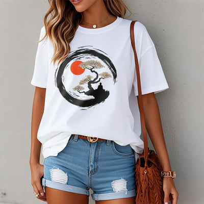 Buddha Stones Red Sun Pine Zen Circle Meditation Person Tee T-shirt - image 6