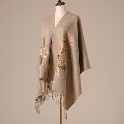 Buddha Stones Wool Shawl White Pink Flowers Golden Leaves Embroidery Tassel Winter Cozy Travel Scarf Wrap - image 4