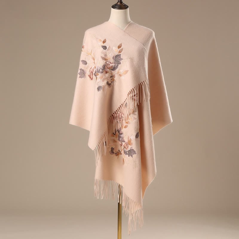 Buddha Stones Wool Shawl White Pink Flowers Golden Leaves Embroidery Tassel Winter Cozy Travel Scarf Wrap - PeachPuff - 200*60cm - image 0