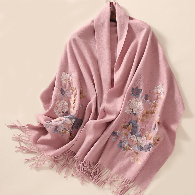 Buddha Stones Wool Shawl White Pink Flowers Golden Leaves Embroidery Tassel Winter Cozy Travel Scarf Wrap - image 12
