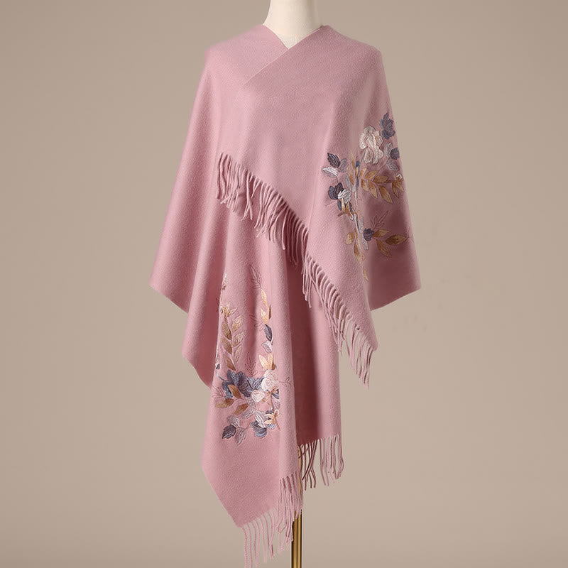 Buddha Stones Wool Shawl White Pink Flowers Golden Leaves Embroidery Tassel Winter Cozy Travel Scarf Wrap - LightPink - 200*60cm - image 9