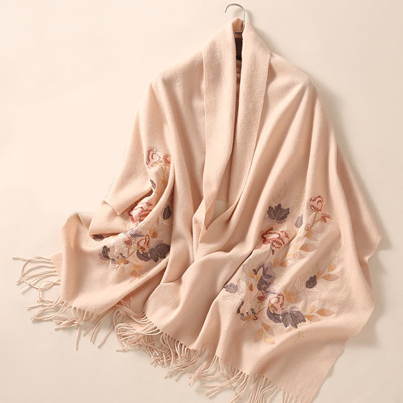 Buddha Stones Wool Shawl White Pink Flowers Golden Leaves Embroidery Tassel Winter Cozy Travel Scarf Wrap - image 2