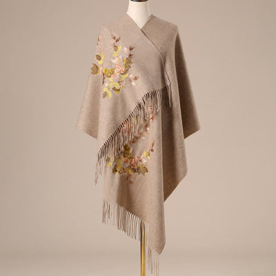 Buddha Stones Wool Shawl White Pink Flowers Golden Leaves Embroidery Tassel Winter Cozy Travel Scarf Wrap - Tan - 200*60cm - image 3
