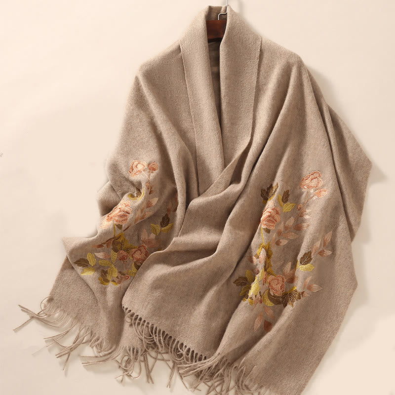 Buddha Stones Wool Shawl White Pink Flowers Golden Leaves Embroidery Tassel Winter Cozy Travel Scarf Wrap - image 8
