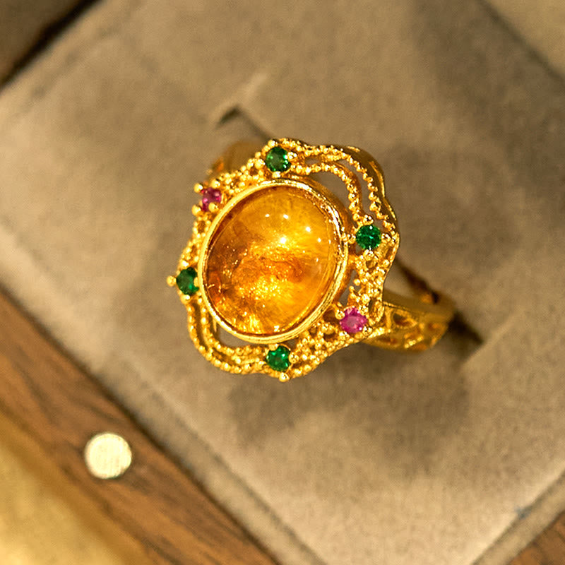 Foviel Flower Amber Hollow Lace Confidence Adjustable Ring