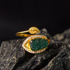 Buddha Stones Copper Plated Gold Natural Jade Leaf Prosperity Adjustable Ring Ring BS Jade(Circumference: 58-62mm)