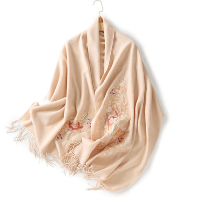 Buddha Stones Wool Shawl Red Flower Leaves Embroidery Tassel Winter Cozy Travel Scarf Wrap - PeachPuff - 200*60cm - image 11