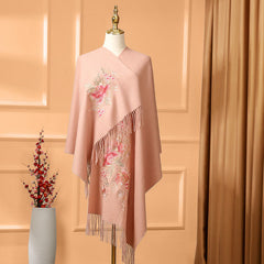 Buddha Stones Wool Shawl Red Flower Leaves Embroidery Tassel Winter Cozy Travel Scarf Wrap - Pink - 200*60cm - image 0