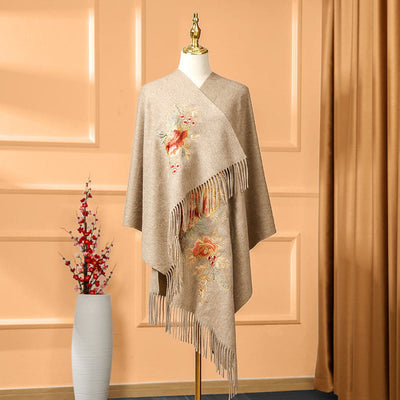 Buddha Stones Wool Shawl Red Flower Leaves Embroidery Tassel Winter Cozy Travel Scarf Wrap - Tan - 200*60cm - image 6