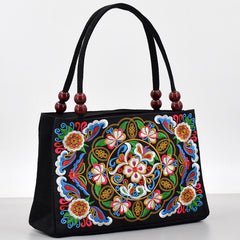 Buddha Stones Galsang Inula Flower Peony Peacock Double-Sided Embroidery Canvas Shopping Purse Handbag Handbags BS Galsang Flower