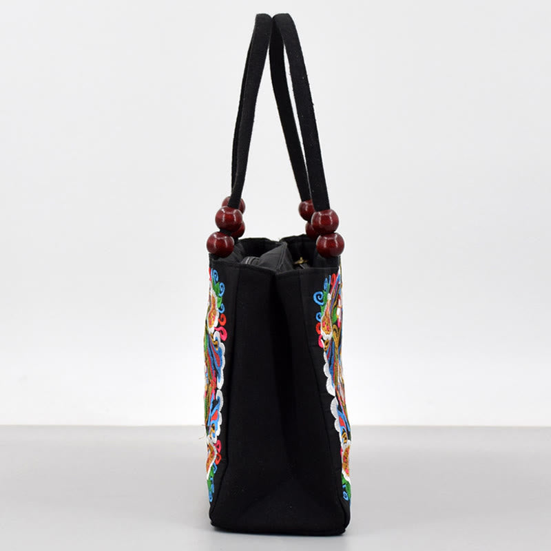 Buddha Stones Galsang Inula Flower Peony Peacock Double-Sided Embroidery Canvas Shopping Purse Handbag Handbags BS 5