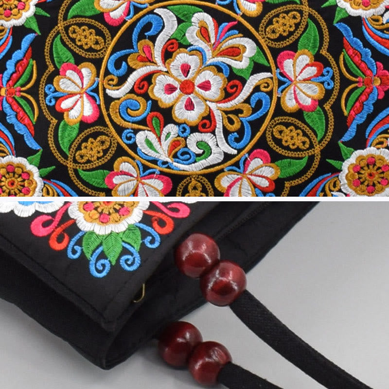 Buddha Stones Galsang Inula Flower Peony Peacock Double-Sided Embroidery Canvas Shopping Purse Handbag Handbags BS 7