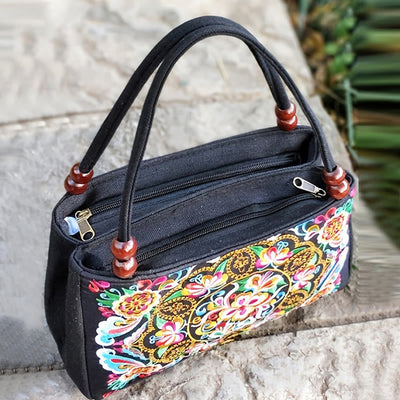 Buddha Stones Galsang Inula Flower Peony Peacock Double-Sided Embroidery Canvas Shopping Purse Handbag Handbags BS 2