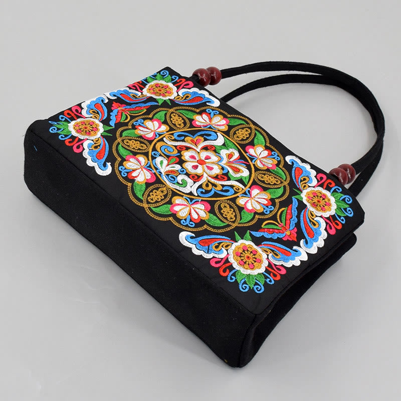 Buddha Stones Galsang Inula Flower Peony Peacock Double-Sided Embroidery Canvas Shopping Purse Handbag Handbags BS 3