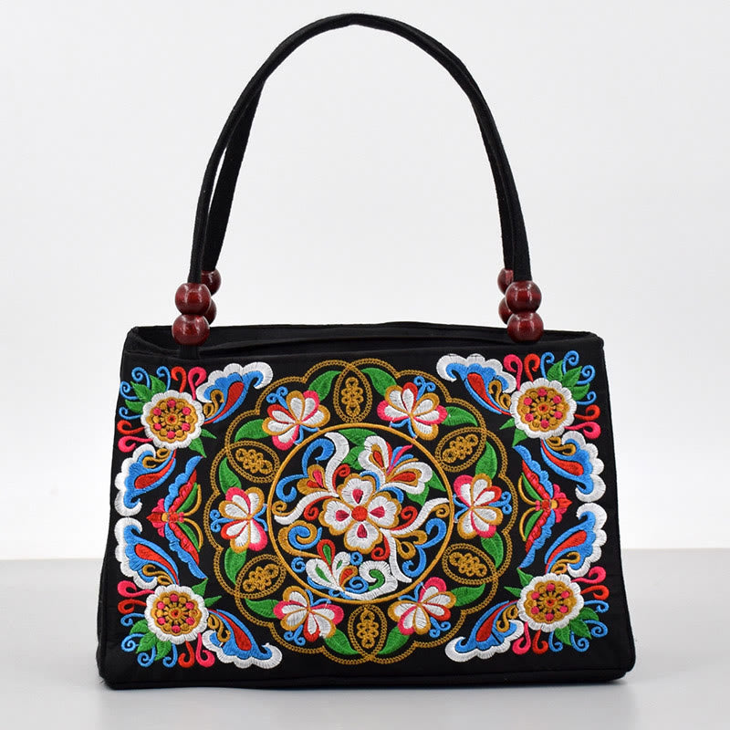 Buddha Stones Galsang Inula Flower Peony Peacock Double-Sided Embroidery Canvas Shopping Purse Handbag Handbags BS 1