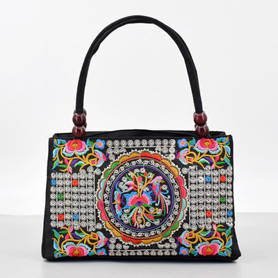 Buddha Stones Galsang Inula Flower Peony Peacock Double-Sided Embroidery Canvas Shopping Purse Handbag Handbags BS Inula Flower