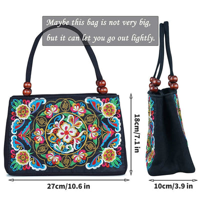 Buddha Stones Galsang Inula Flower Peony Peacock Double-Sided Embroidery Canvas Shopping Purse Handbag Handbags BS 8