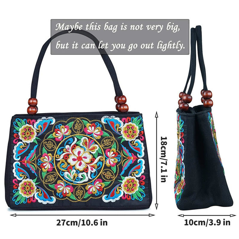 Buddha Stones Galsang Inula Flower Peony Peacock Double-Sided Embroidery Canvas Shopping Purse Handbag Handbags BS 8