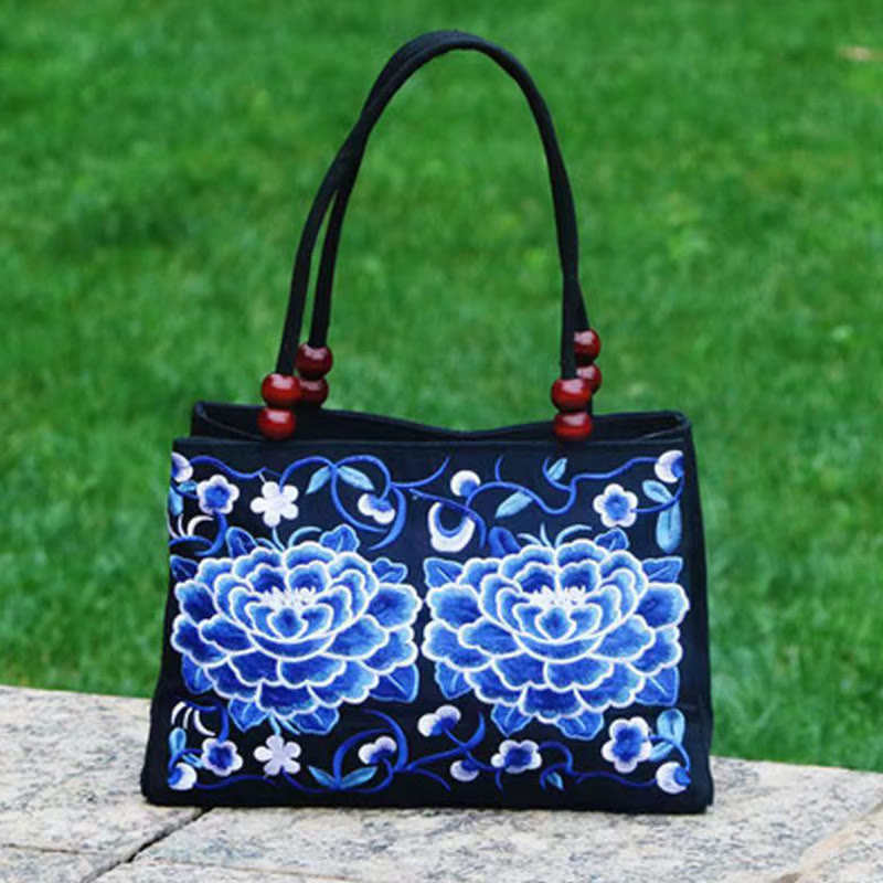 Buddha Stones Galsang Inula Flower Peony Peacock Double-Sided Embroidery Canvas Shopping Purse Handbag Handbags BS Blue Peony