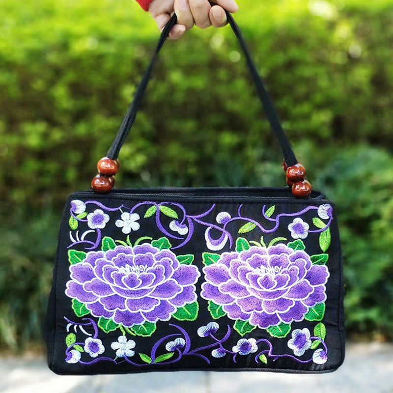 Buddha Stones Galsang Inula Flower Peony Peacock Double-Sided Embroidery Canvas Shopping Purse Handbag Handbags BS Purple Peony