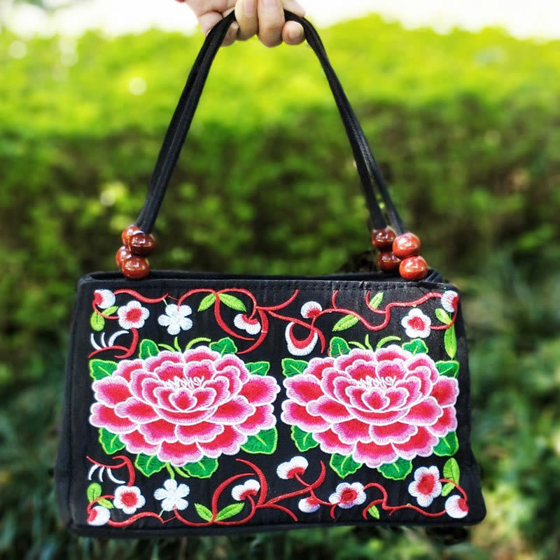 Buddha Stones Galsang Inula Flower Peony Peacock Double-Sided Embroidery Canvas Shopping Purse Handbag Handbags BS Red Peony