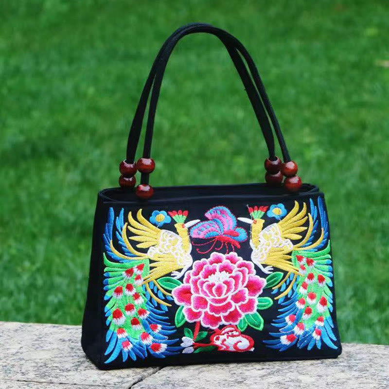 Buddha Stones Galsang Inula Flower Peony Peacock Double-Sided Embroidery Canvas Shopping Purse Handbag Handbags BS Peacock