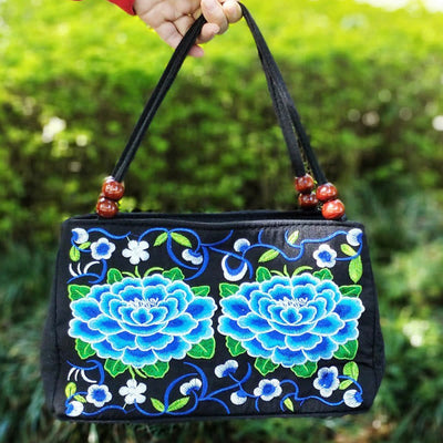 Buddha Stones Galsang Inula Flower Peony Peacock Double-Sided Embroidery Canvas Shopping Purse Handbag Handbags BS DeepSkyBlue Peony