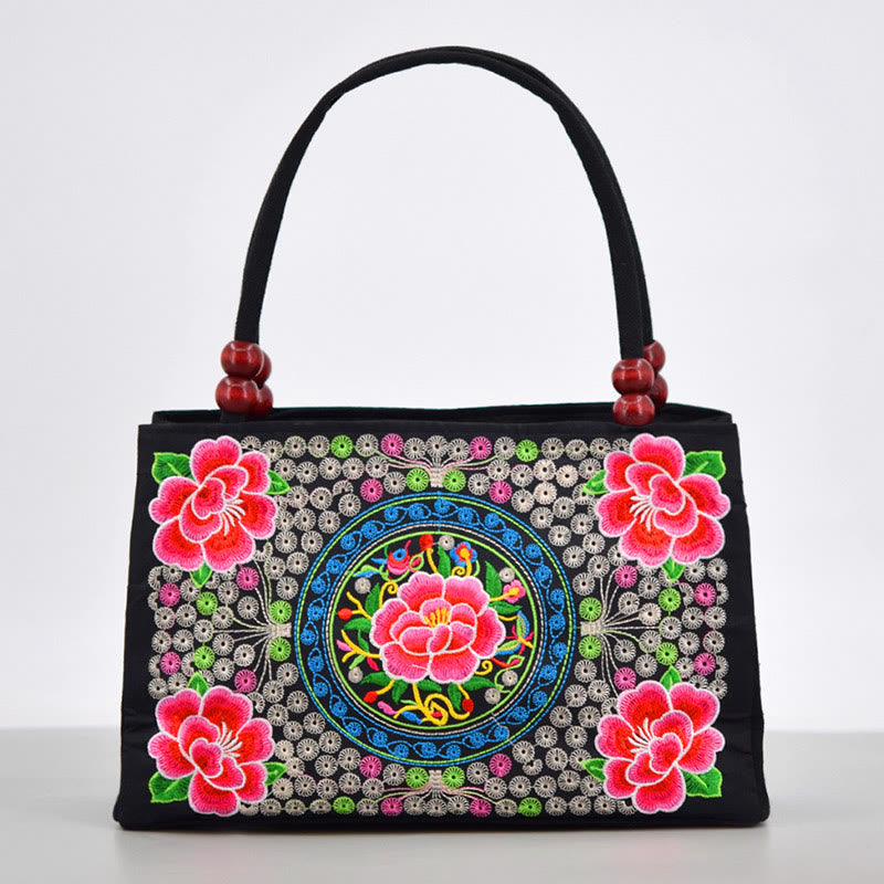 Buddha Stones Galsang Inula Flower Peony Peacock Double-Sided Embroidery Canvas Shopping Purse Handbag Handbags BS Apple Blossom