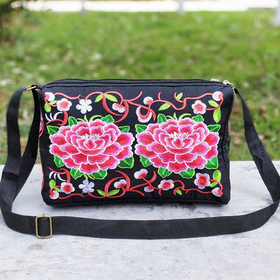 Buddha Stones Galsang Inula Flower Peony Peacock Double-Sided Embroidery Canvas Shopping Purse Handbag Crossbody Bag Crossbody Bag&Shoulder Bag BS Pink Peony