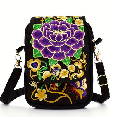 Buddha Stones Inula Flower Peony Embroidery Canvas Shopping Purse Handbag Crossbody Bag Crossbody Bag&Shoulder Bag BS Purple Peony