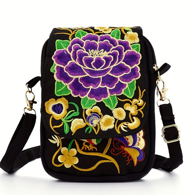Buddha Stones Inula Flower Peony Embroidery Canvas Shopping Purse Handbag Crossbody Bag Crossbody Bag&Shoulder Bag BS Purple Peony