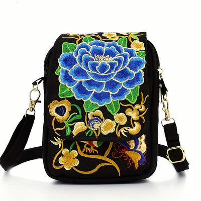 Buddha Stones Inula Flower Peony Embroidery Canvas Shopping Purse Handbag Crossbody Bag Crossbody Bag&Shoulder Bag BS Blue Peony