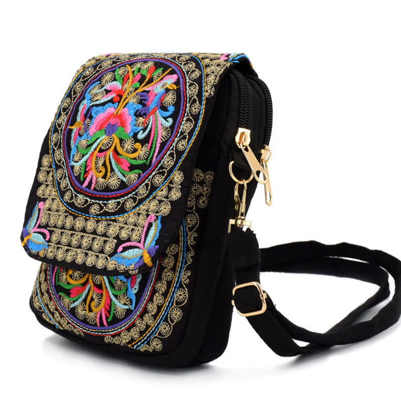 Buddha Stones Inula Flower Peony Embroidery Canvas Shopping Purse Handbag Crossbody Bag Crossbody Bag&Shoulder Bag BS 6