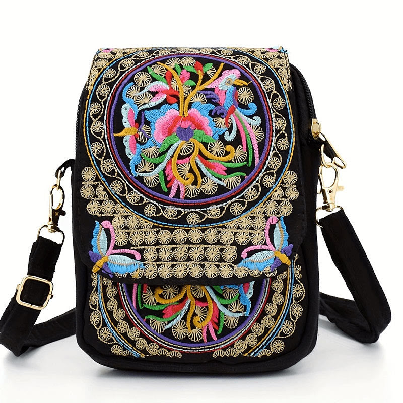 Buddha Stones Inula Flower Peony Embroidery Canvas Shopping Purse Handbag Crossbody Bag Crossbody Bag&Shoulder Bag BS Inula Flower