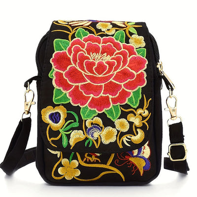 Buddha Stones Inula Flower Peony Embroidery Canvas Shopping Purse Handbag Crossbody Bag Crossbody Bag&Shoulder Bag BS Red Peony