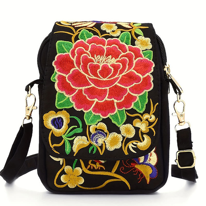 Buddha Stones Inula Flower Peony Embroidery Canvas Shopping Purse Handbag Crossbody Bag Crossbody Bag&Shoulder Bag BS Red Peony