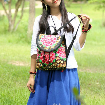 Buddha Stones Peony Chinese Money Tree Embroidery Canvas Backpack Backpack BS 13
