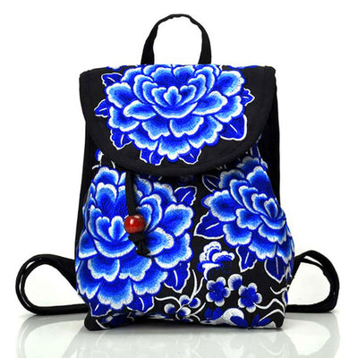 Buddha Stones Peony Chinese Money Tree Embroidery Canvas Backpack Backpack BS Blue Peony 21*11*25cm
