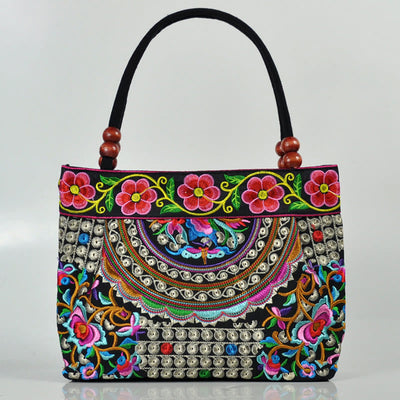 Buddha Stones Money Tree Peony Phoenix Apple Blossom Double-Sided Embroidery Cotton Canvas Shopping Purse Handbag Shoulder Bag&Handbags BS Chinese Money Tree