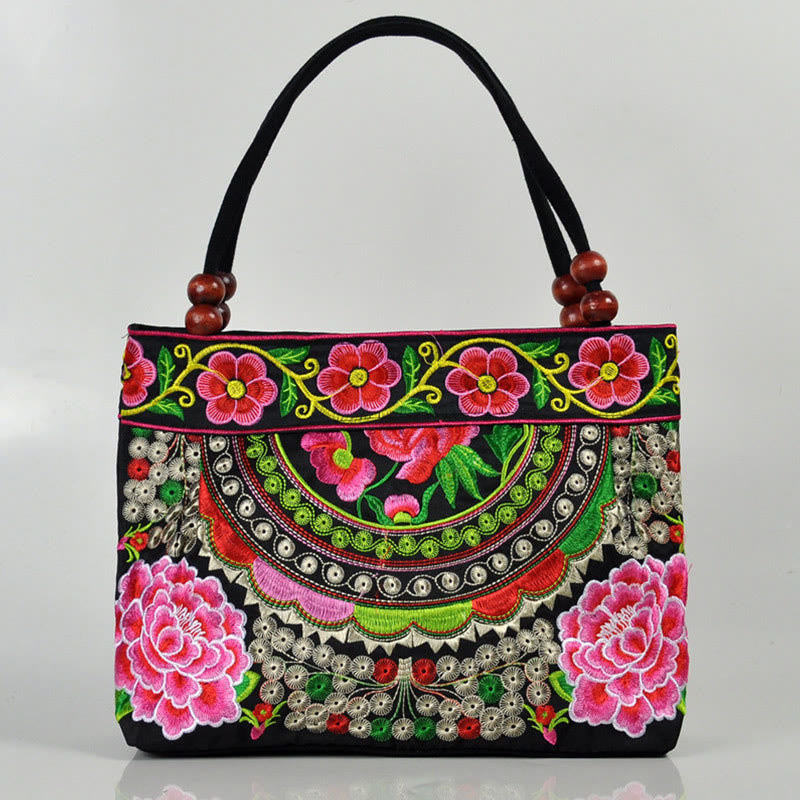 Buddha Stones Money Tree Peony Phoenix Apple Blossom Double-Sided Embroidery Cotton Canvas Shopping Purse Handbag Shoulder Bag&Handbags BS Small Red Peony