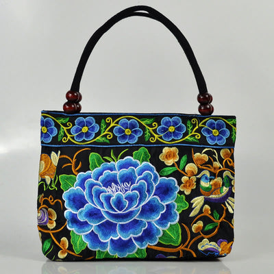 Buddha Stones Money Tree Peony Phoenix Apple Blossom Double-Sided Embroidery Cotton Canvas Shopping Purse Handbag Shoulder Bag&Handbags BS Blue Peony