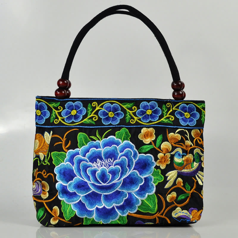 Buddha Stones Money Tree Peony Phoenix Apple Blossom Double-Sided Embroidery Cotton Canvas Shopping Purse Handbag Shoulder Bag&Handbags BS Blue Peony