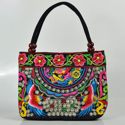 Buddha Stones Money Tree Peony Phoenix Apple Blossom Double-Sided Embroidery Cotton Canvas Shopping Purse Handbag Shoulder Bag&Handbags BS Double Phoenix